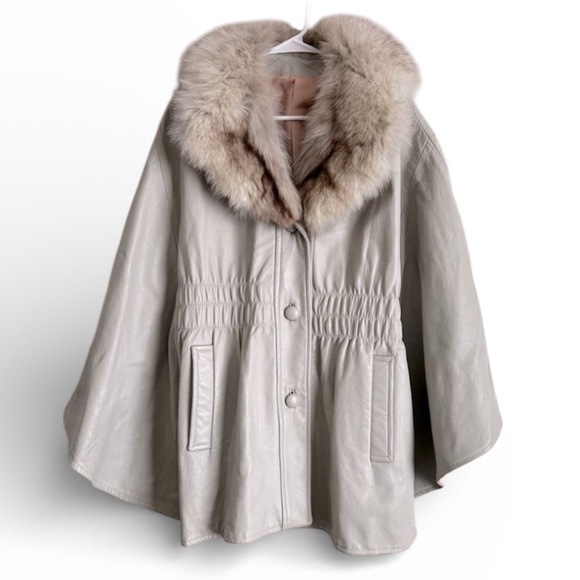 Vintage Gray Leather Poncho Cape Jacket with Luxurious Fur Collar